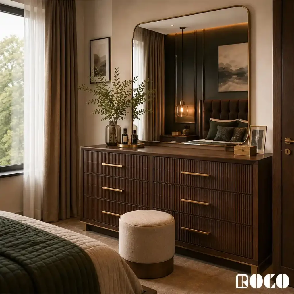 Dark wood dressing table with brass handles and large mirror