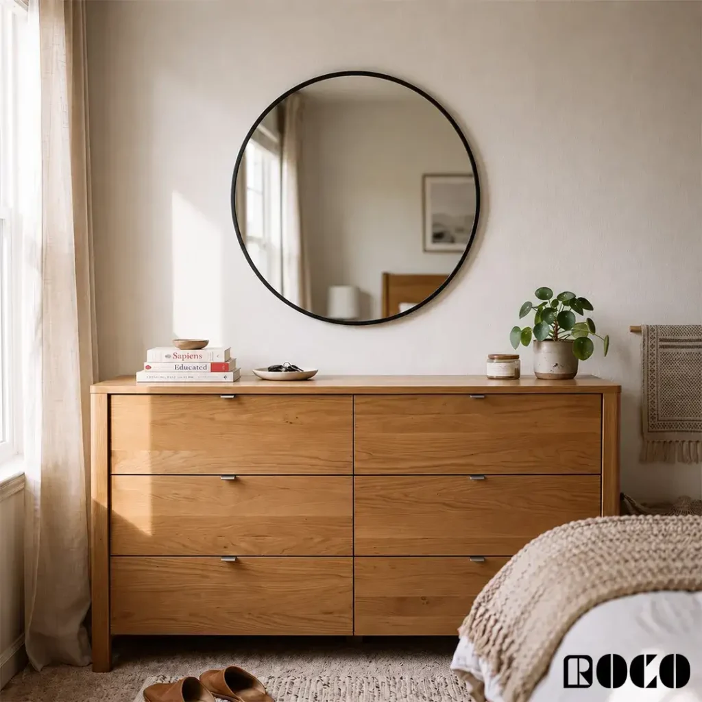 Wooden six-drawer dresser with round mirror in a bright bedroom
