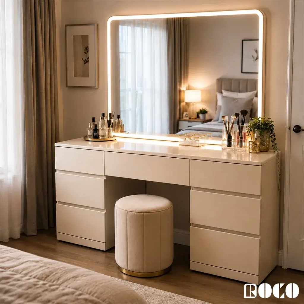 Modern dressing table with LED mirror, drawers and upholstered stool
