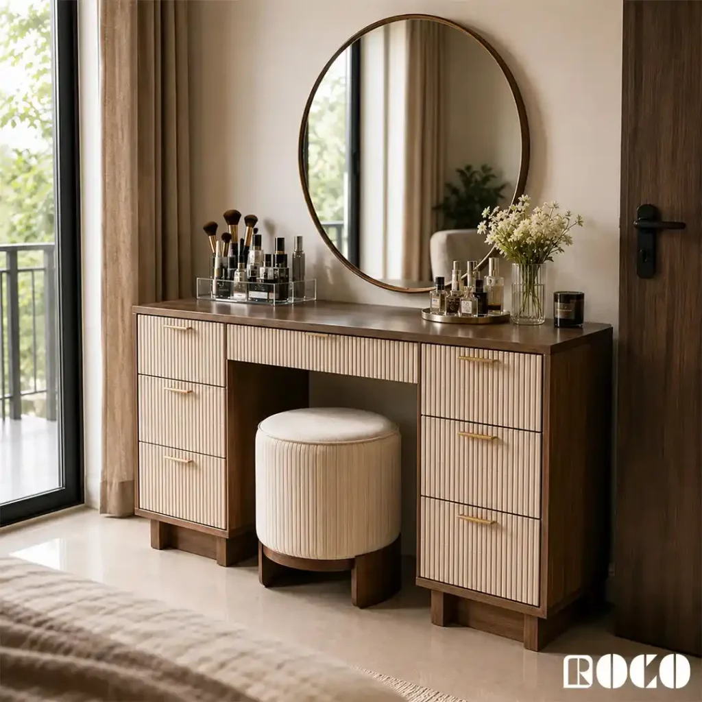 Dressing table with matching stool, round mirror and storage drawers