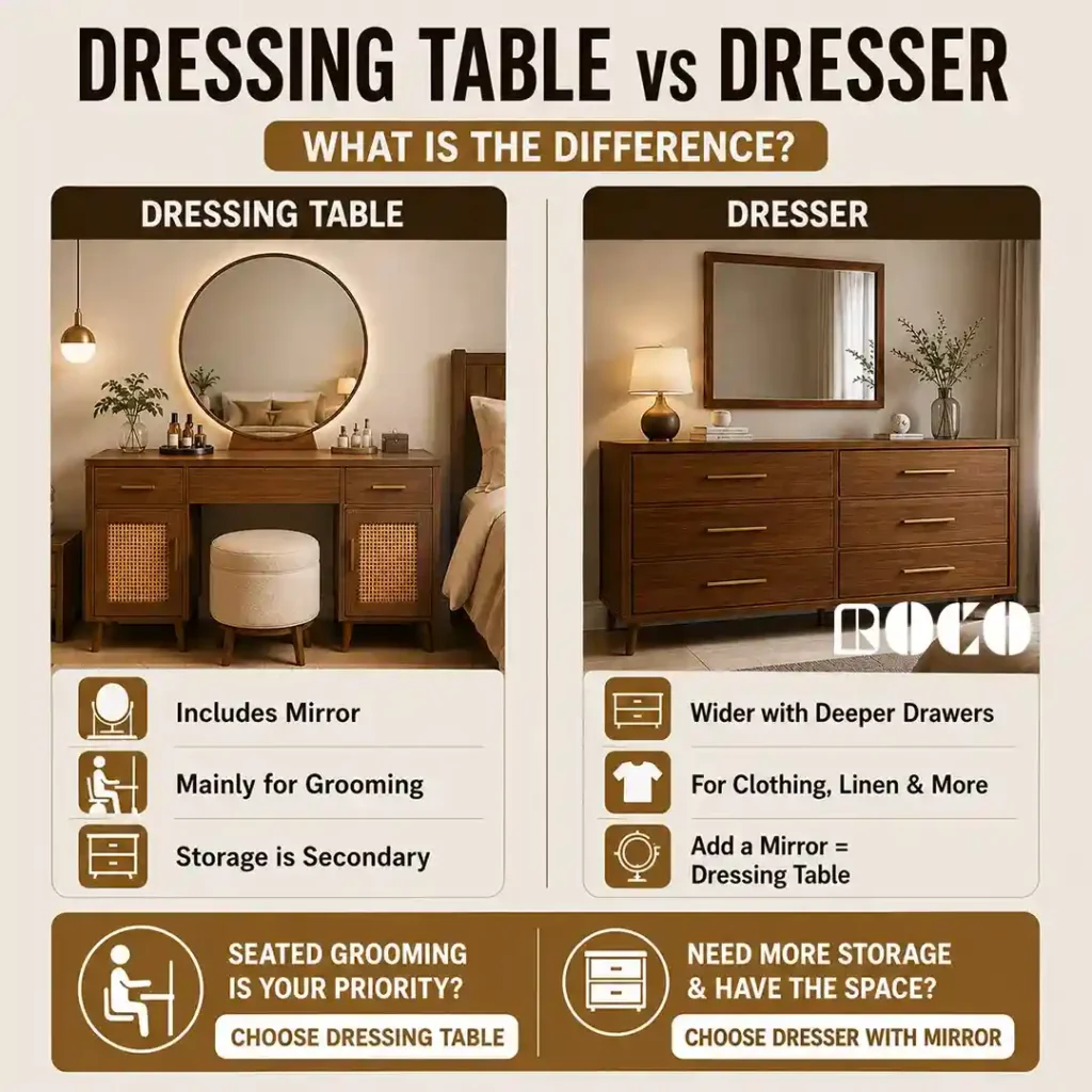 Dressing table and dresser comparison showing mirror, storage and primary use