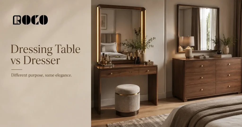 Wooden dressing table and dresser with mirrors in a modern bedroom