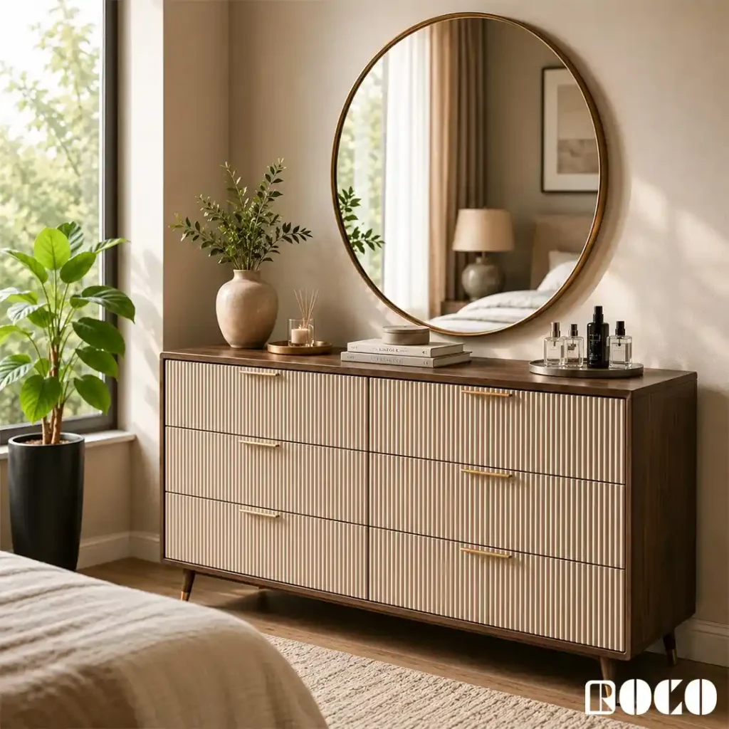 Fluted modern dresser with round mirror and brass handles