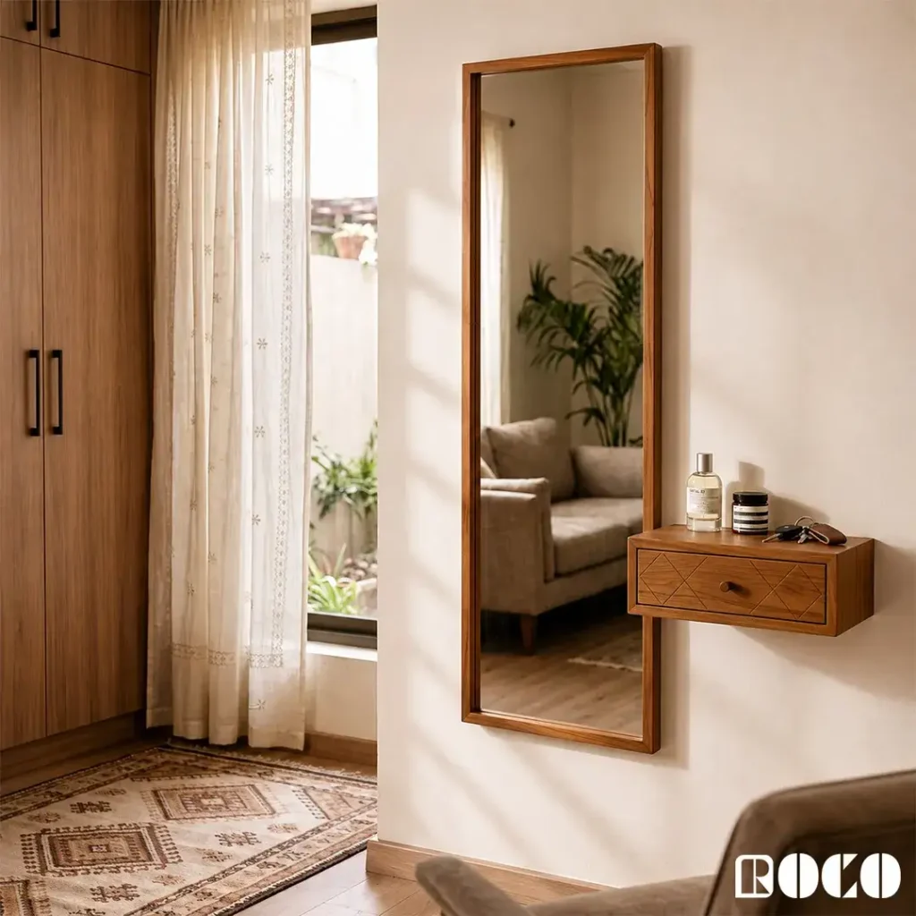 Full-length mirror with floating drawer shelf for a compact dressing area
