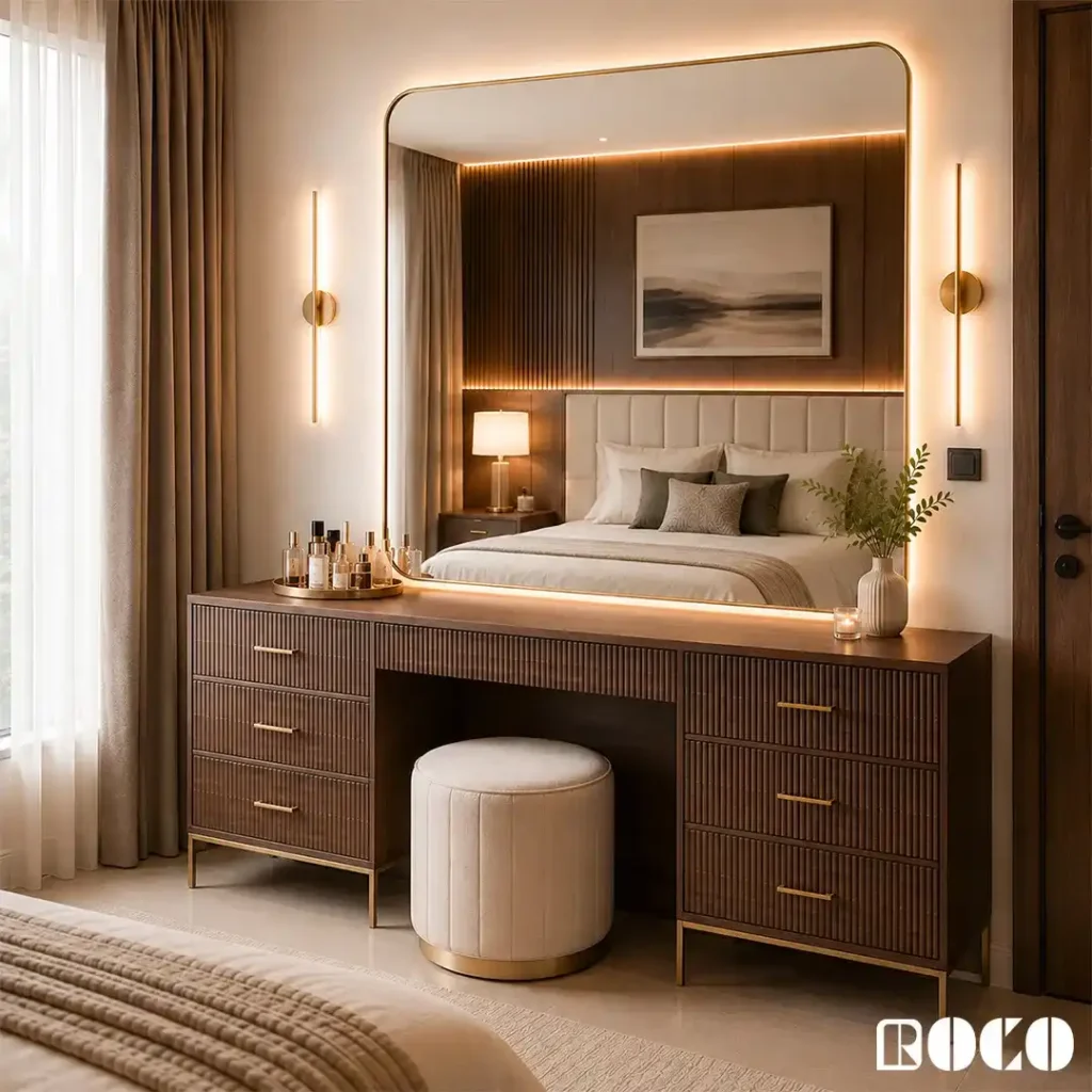 Hotel-inspired dressing table with illuminated mirror and fluted drawers