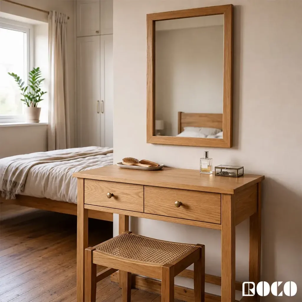 Simple wooden dressing table with mirror, drawers and cane stool