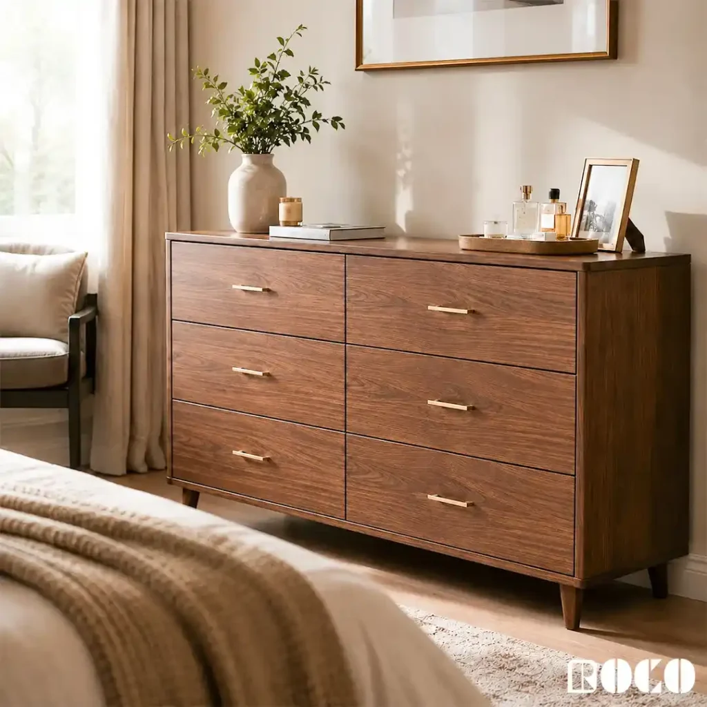 Six-drawer wooden storage dresser for a modern bedroom