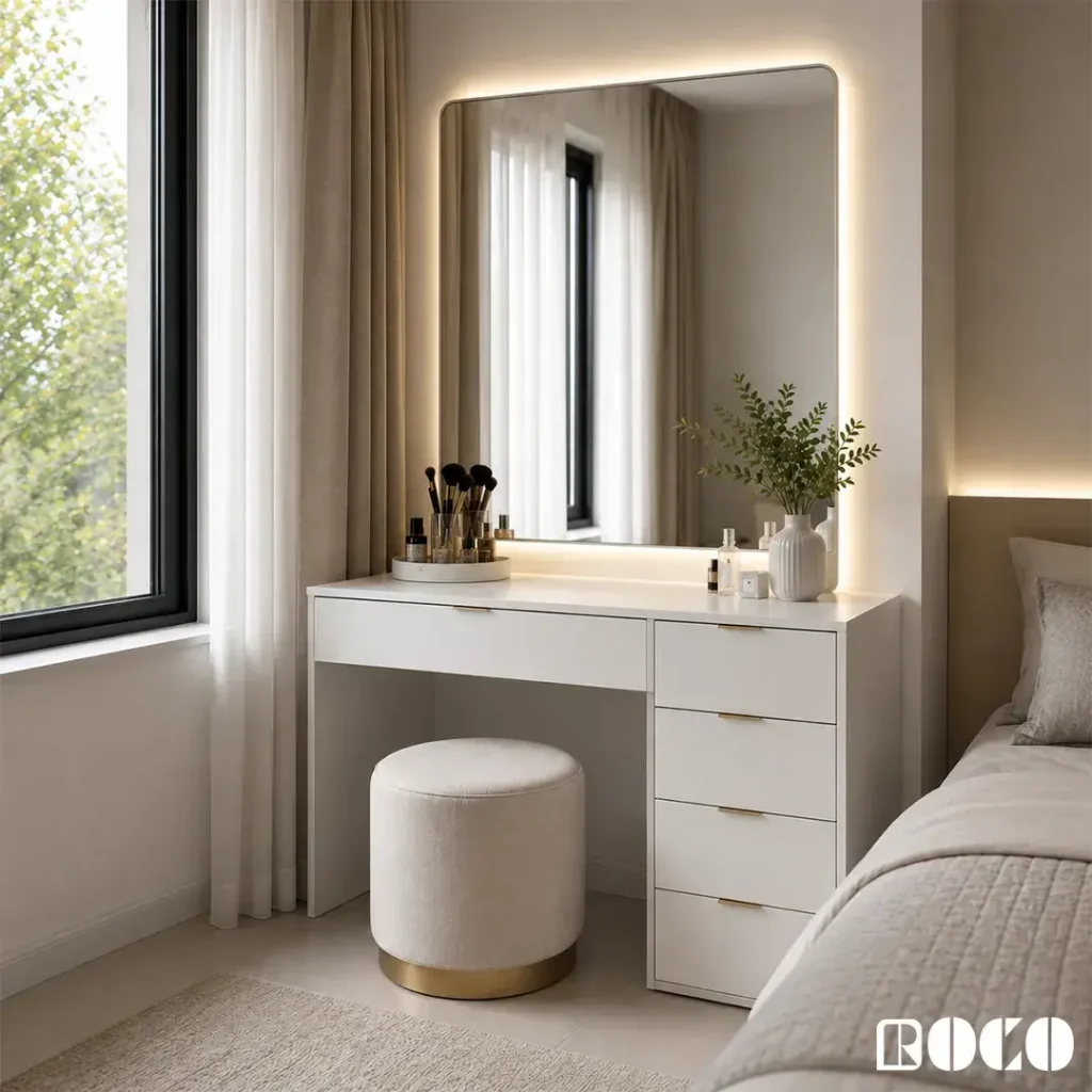 White minimal dressing table with LED mirror and storage drawers