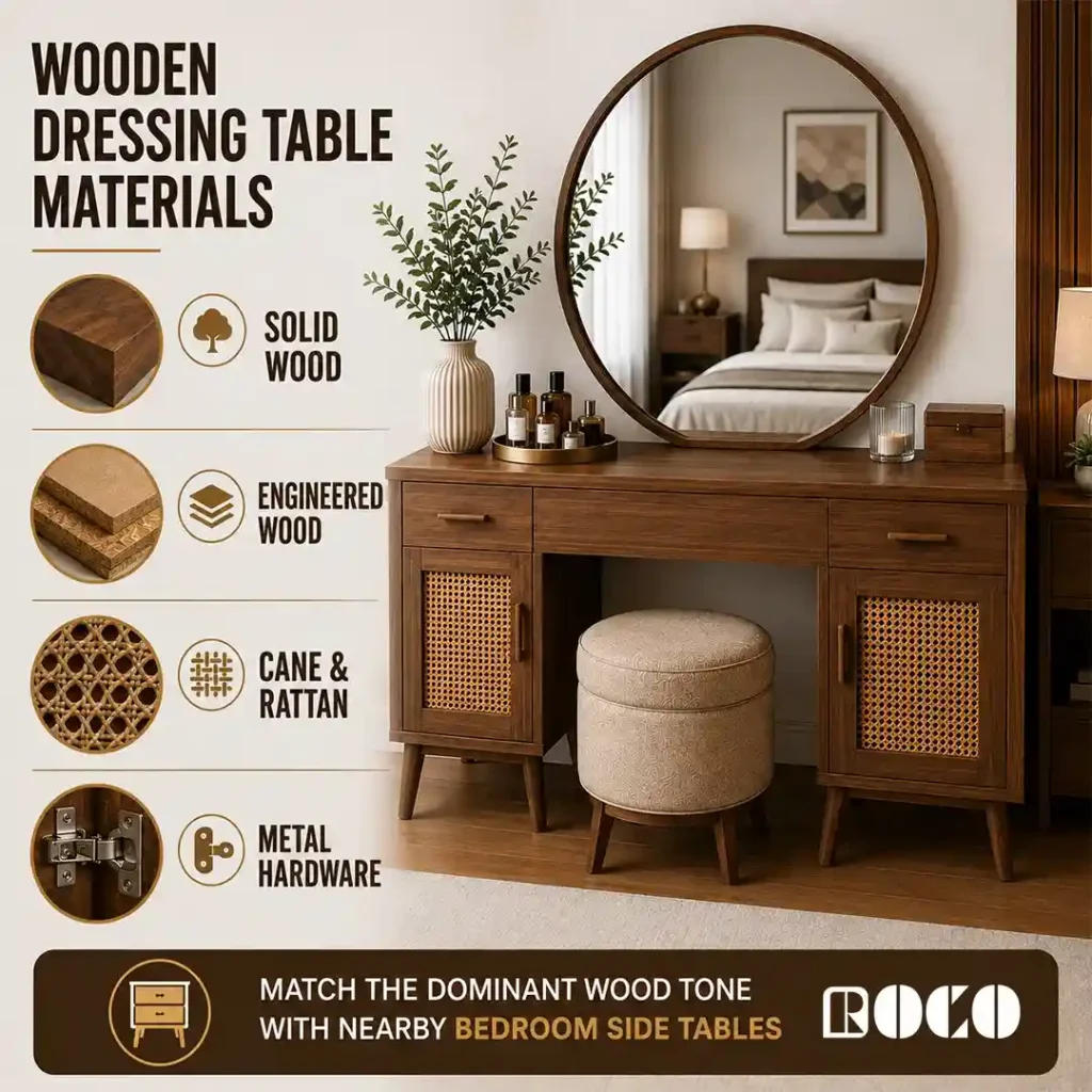 Wooden dressing table materials including solid wood, engineered wood and cane