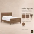 Aldren wooden bed customization guide with toasted oak finish, paneled frame and turned leg details.
