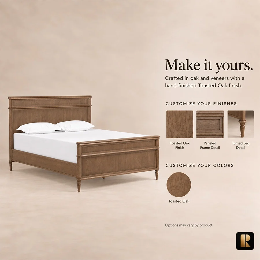 Aldren Platform Bed color variation Aldren wooden bed customization guide with toasted oak finish, paneled frame and turned leg details.