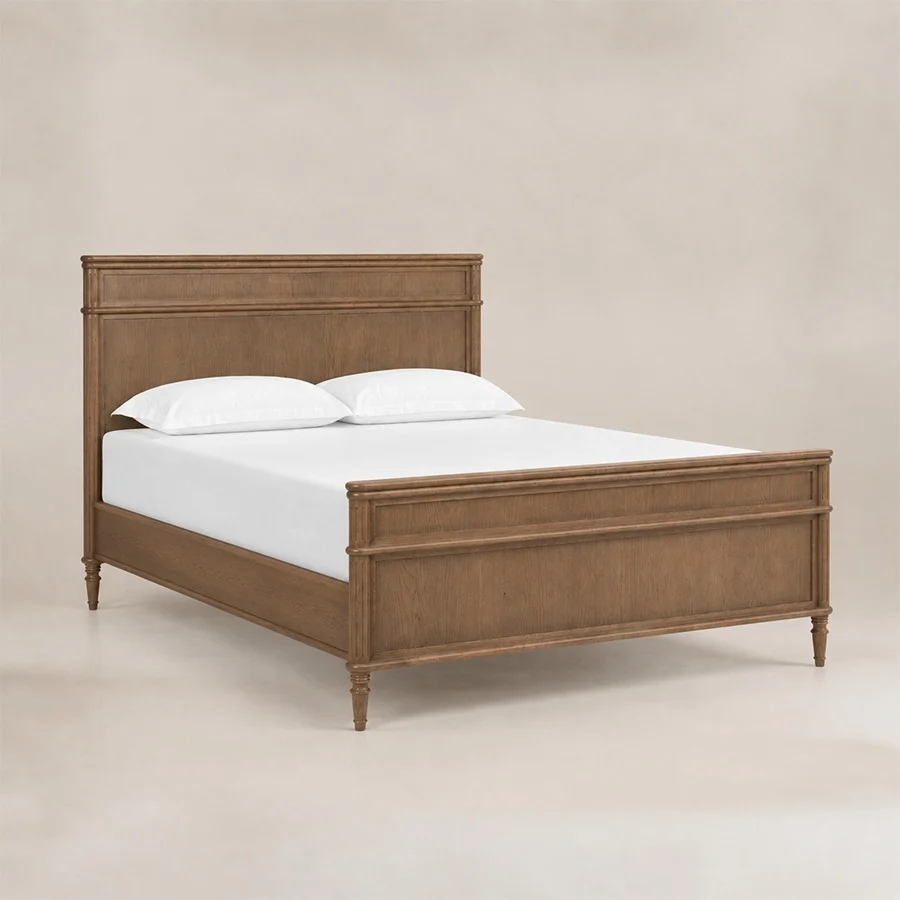 Aldren Platform Bed top side view Aldren wooden bed in Pakistan, angled view with warm brown finish, panel headboard and matching footboard.