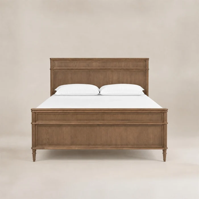Aldren Wooden Bed in warm brown wood finish with panel headboard and matching footboard, front view.