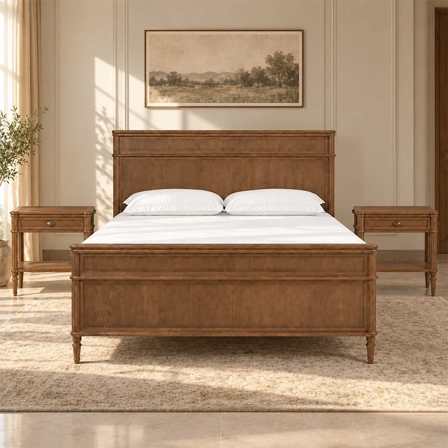 Aldren Wooden Bed with background Aldren Wooden Bed in warm brown finish with matching bedside tables in a styled bedroom.