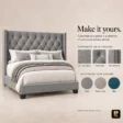 Angled view of Bellmere Wingback Bed in grey upholstery with diamond-tufted headboard and nailhead trim.