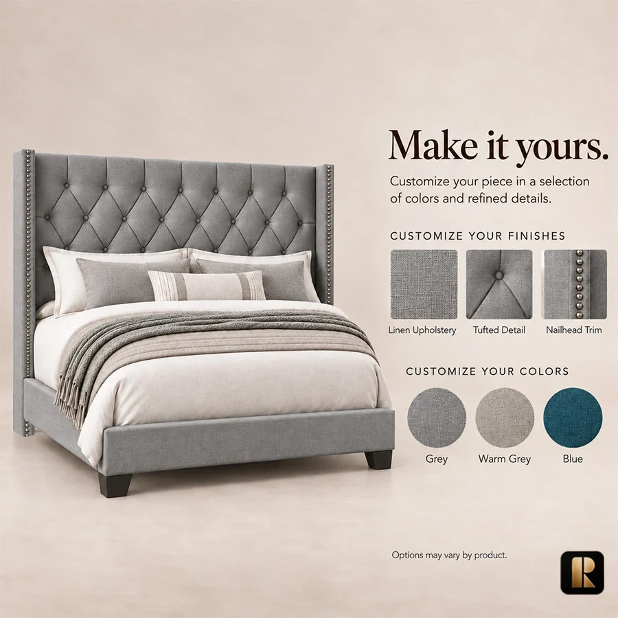 Angled view of Bellmere Wingback Bed in grey upholstery with diamond-tufted headboard and nailhead trim.