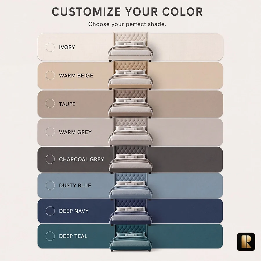 Bellmere Wingback Bed color options in ivory, warm beige, taupe, warm grey, charcoal grey, dusty blue, deep navy, and deep teal.