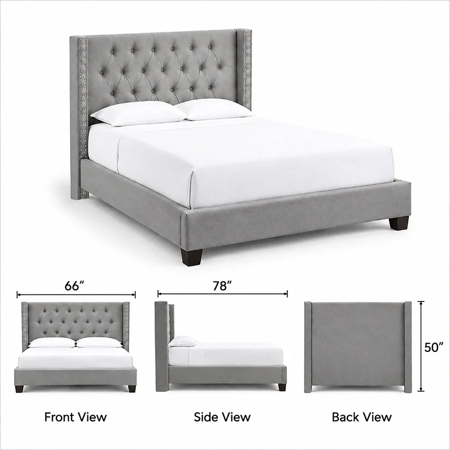 Bellmere Wingback Bed dimensions showing 66-inch width, 78-inch length, and 50-inch height.