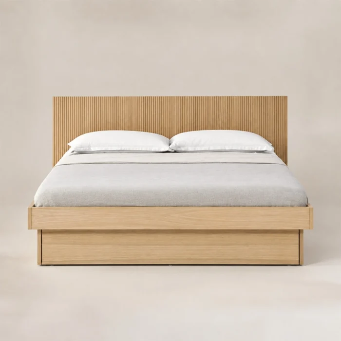 Front view of Caldrin Fluted Bed in Natural Sheesham finish with a vertical fluted headboard and clean wooden frame.