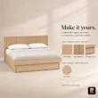Caldrin Fluted Storage Bed customization guide showing oak veneer, fluted headboard, two storage drawers, and light wood finish.