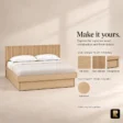 Caldrin Fluted Storage Bed customization guide showing oak veneer, fluted headboard, two storage drawers, and light wood finish.