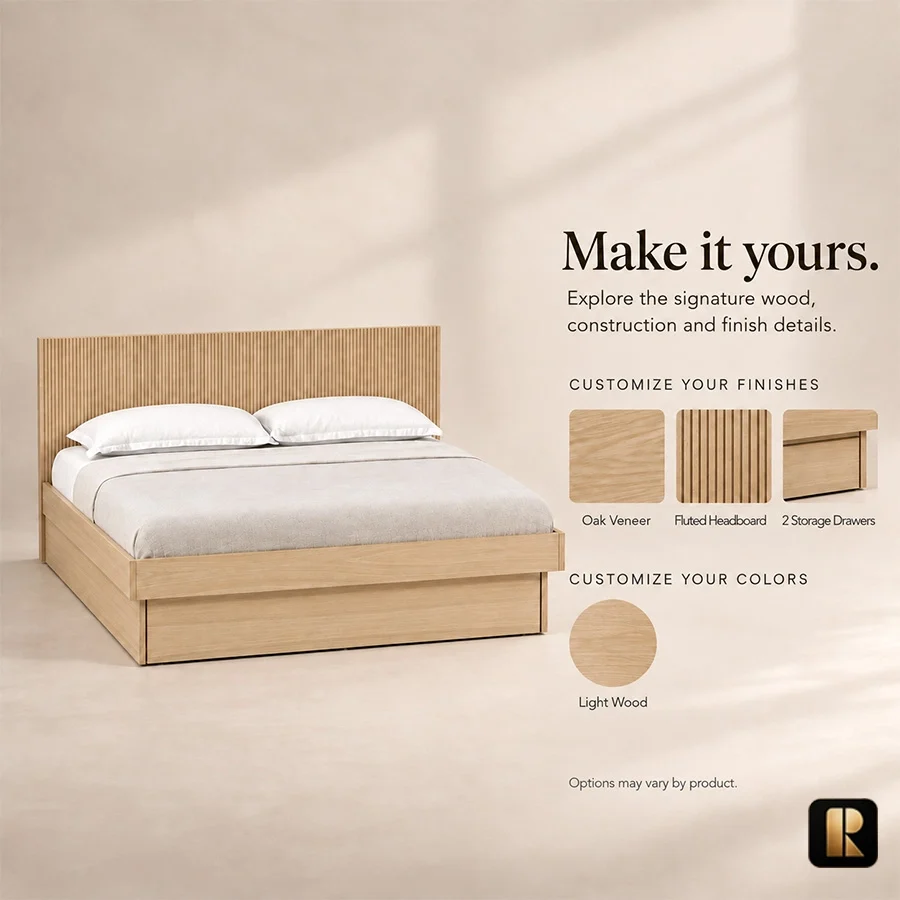 Caldrin Fluted Bed color options Caldrin Fluted Storage Bed customization guide showing oak veneer, fluted headboard, two storage drawers, and light wood finish.