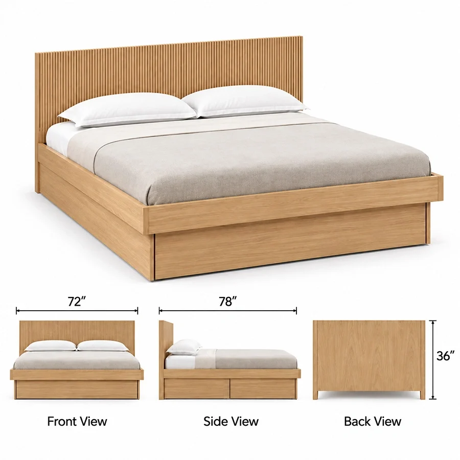 Caldrin Fluted Bed king size dimension Caldrin Fluted Storage Bed king size dimensions showing 72-inch width, 78-inch length, and 36-inch height.