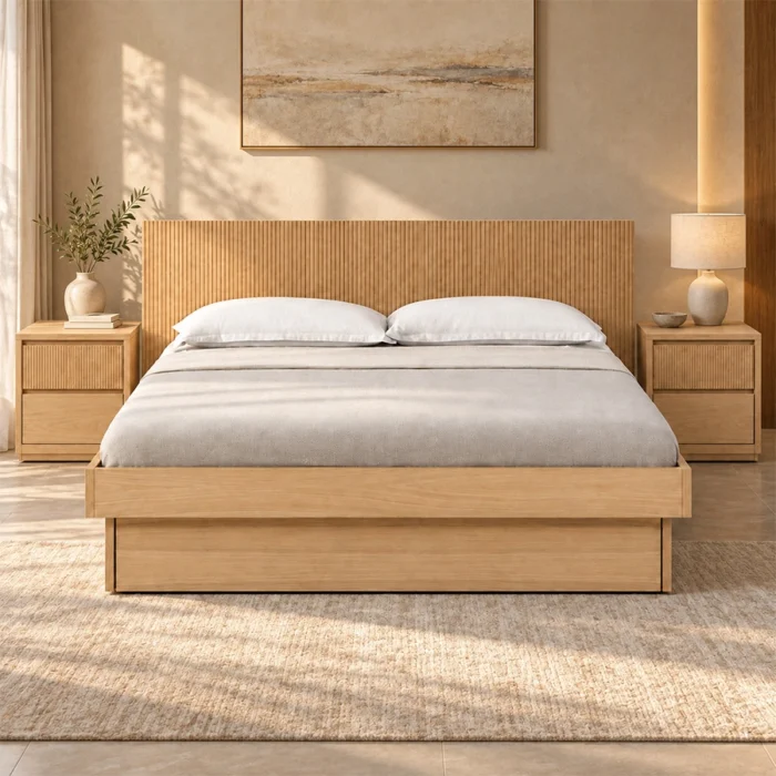 Caldrin Fluted Storage Bed in Natural Sheesham finish with matching bedside tables in a styled bedroom.