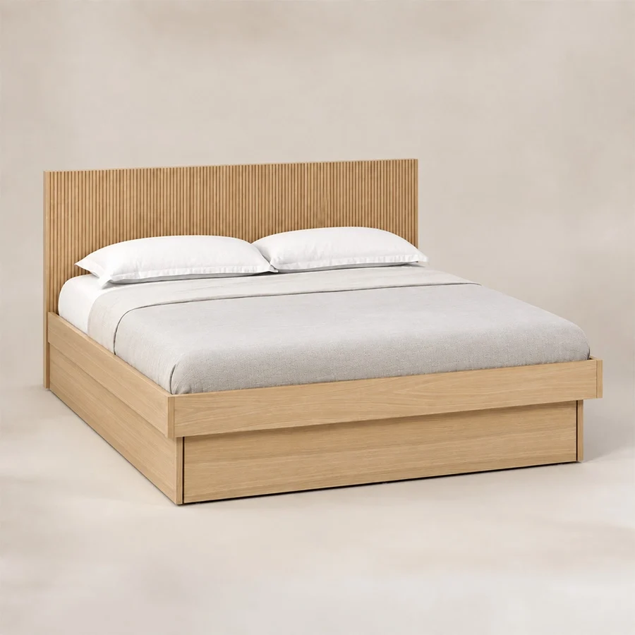Caldrin Fluted storage Bed Angled view of Caldrin Fluted Storage Bed in Natural Sheesham finish with fluted headboard and built-in storage base.