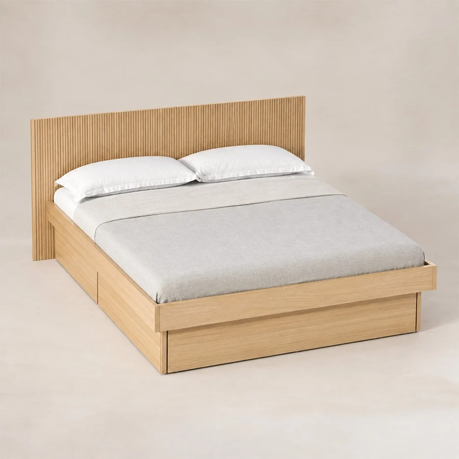Caldrin Fluted storage Bed view from top Angled top view of Caldrin Fluted Storage Bed in Natural Sheesham finish with fluted headboard and built-in storage base.