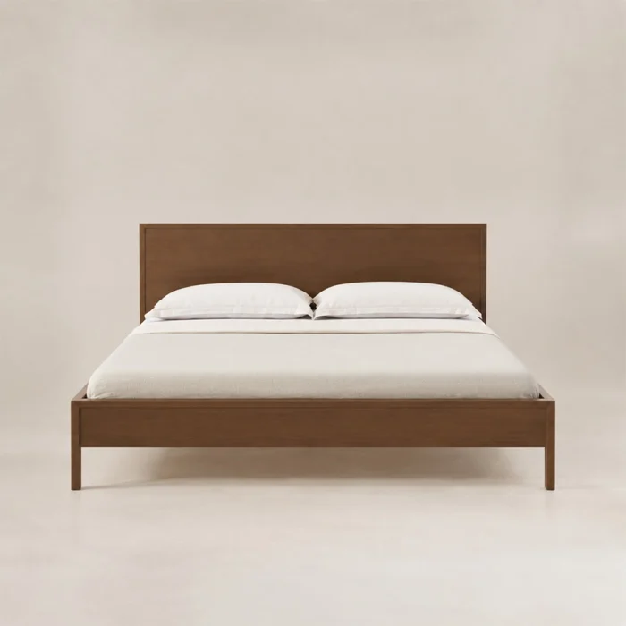 Front view of Kelden Linea Bed in Walnut Brown finish with clean panel headboard and slim wooden legs.