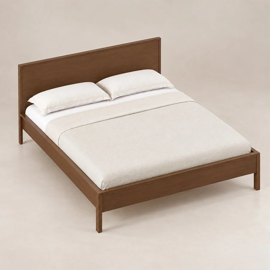 Kelden Linea Bed Set Angled top view of Kelden Linea Bed in Walnut Brown finish with panel headboard and slim wooden frame.