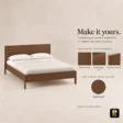 Kelden Linea Bed Set customization guide showing walnut veneer, natural wood grain, panel headboard, and dark wood finish.