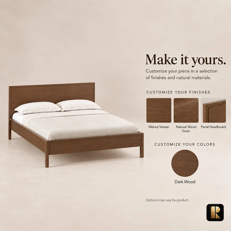 Kelden Linea Bed Set color palate Kelden Linea Bed Set customization guide showing walnut veneer, natural wood grain, panel headboard, and dark wood finish.