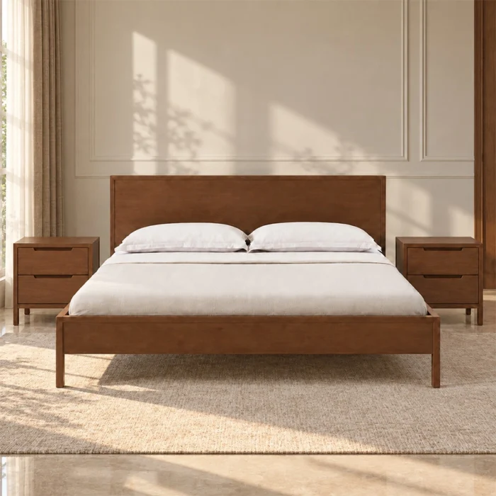 Kelden Linea Bed Set in Walnut Brown finish with matching two-drawer bedside tables in a styled bedroom.