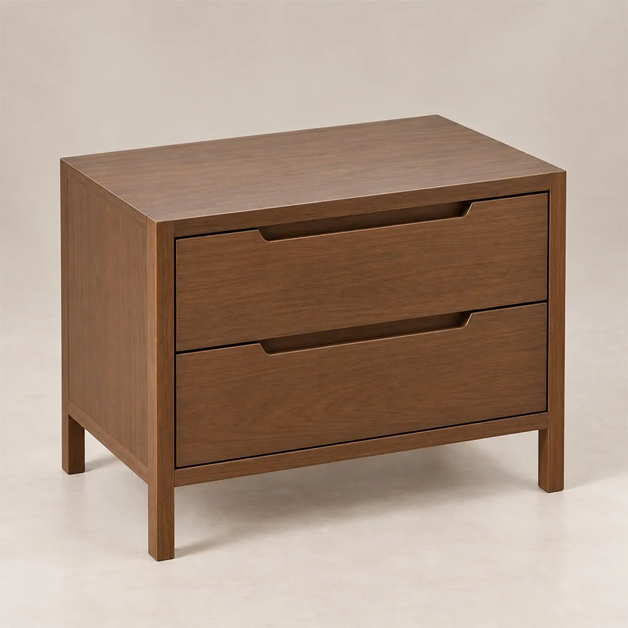 Kelden Linea brown side table Angled view of Kelden Linea two-drawer bedside table in Walnut Brown finish with recessed handles and slim wooden legs.