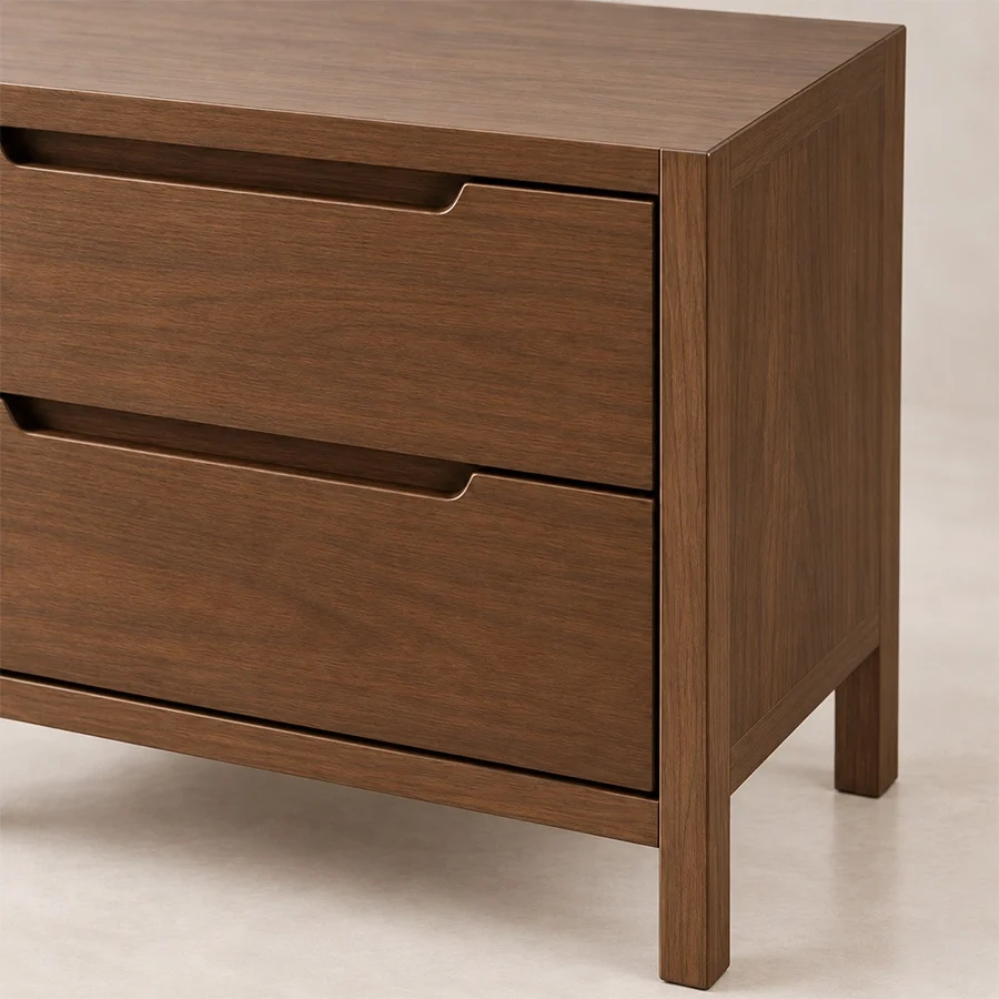 Kelden Linea side table close up Close-up of Kelden Linea bedside table in Walnut Brown finish showing recessed drawer handles and wood grain detail.