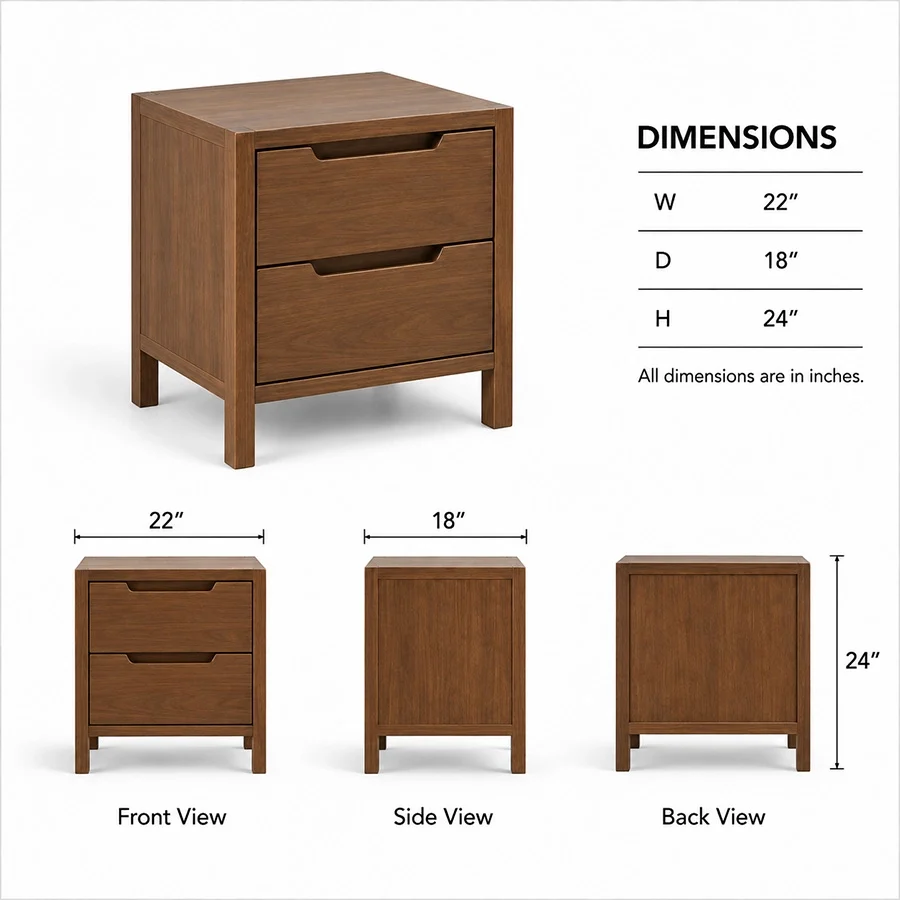 Kelden Linea sidetable dimension Kelden Linea bedside table dimensions showing 22-inch width, 18-inch depth, and 24-inch height.