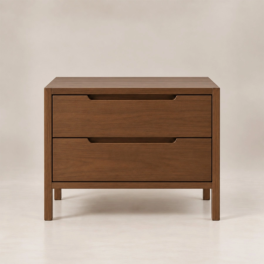 Front view of Kelden Linea matching two-drawer bedside table in Walnut Brown finish with recessed handles and slim wooden legs.
