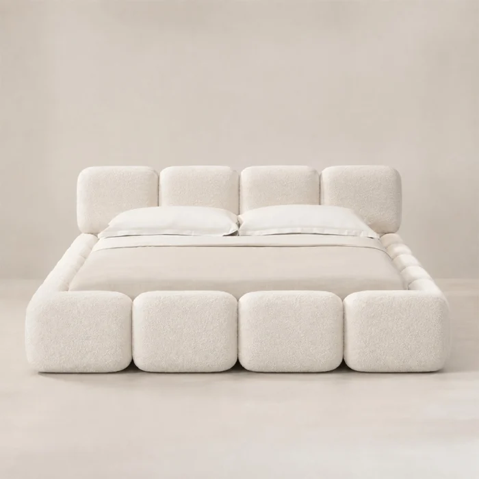 Front view of Mirelle Upholstered Bed in ivory boucle fabric.