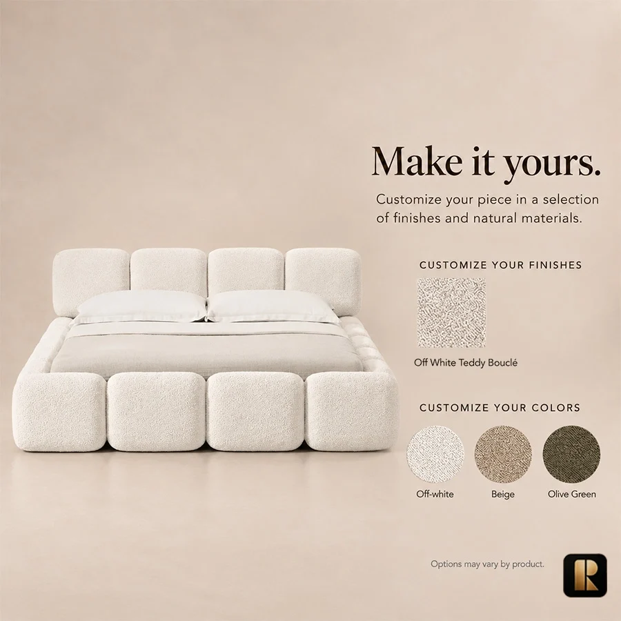 Mirelle Bed color choices Close-up of Mirelle Upholstered Bed in ivory boucle fabric.