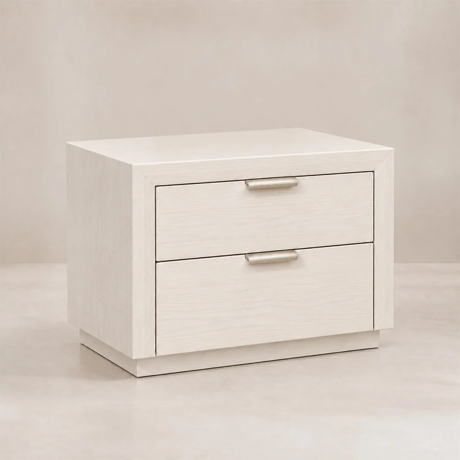 Mirelle Bed side table Front view of Mirelle Upholstered Bed in off-white boucle fabric.