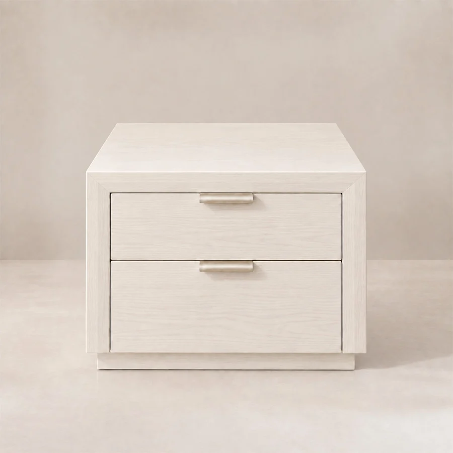 Mirelle Bed side table front Front view of Mirelle Upholstered Bed in off-white boucle fabric.