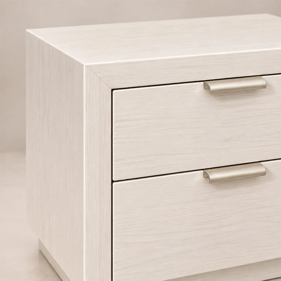Mirelle Bed side table zoom Front view of Mirelle Upholstered Bed in off-white boucle fabric.