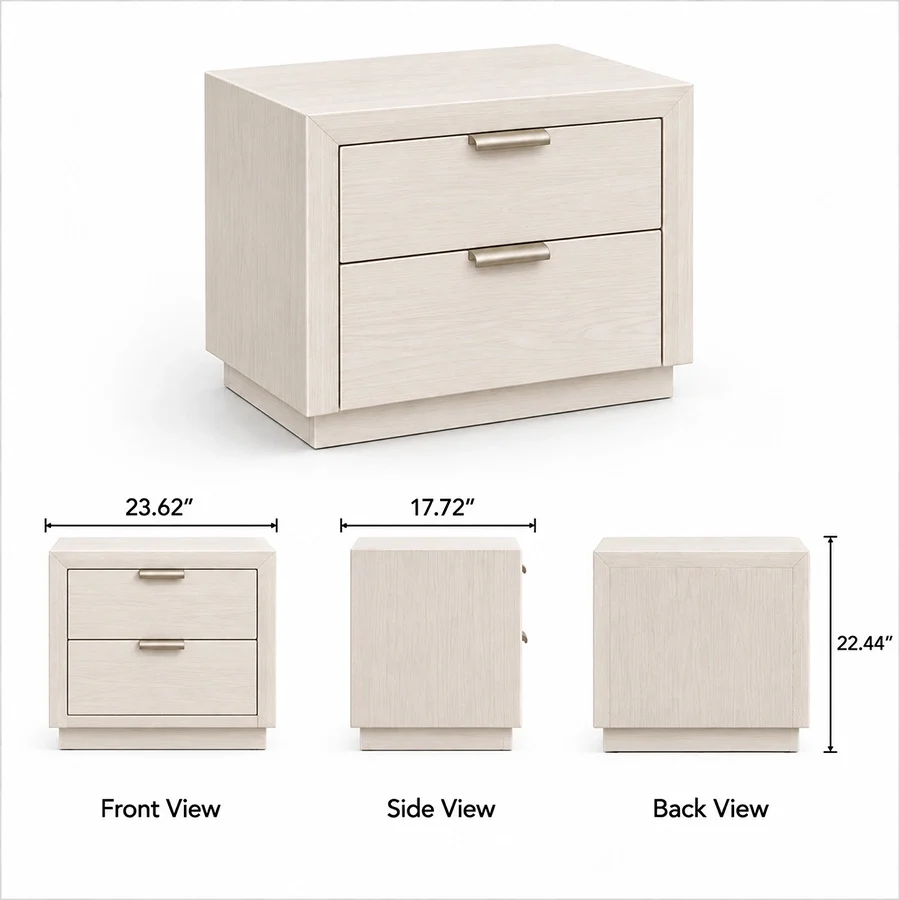 Mirelle Bed sidetable dimensions Front view of Mirelle Upholstered Bed in off-white boucle fabric.