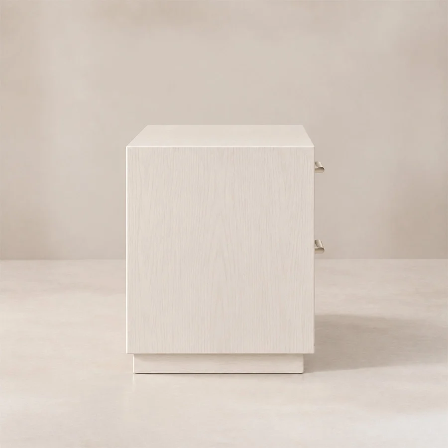 Mirelle Bed sidetable side view Front view of Mirelle Upholstered Bed in off-white boucle fabric.