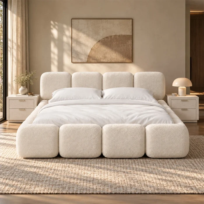 Mirelle Bubble Bed set in off-white boucle upholstery with matching bedside tables in a modern bedroom setting.