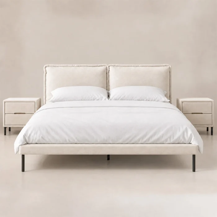 Nolven Softline Bed Set in warm ivory upholstery with matching two-drawer bedside tables, front view.