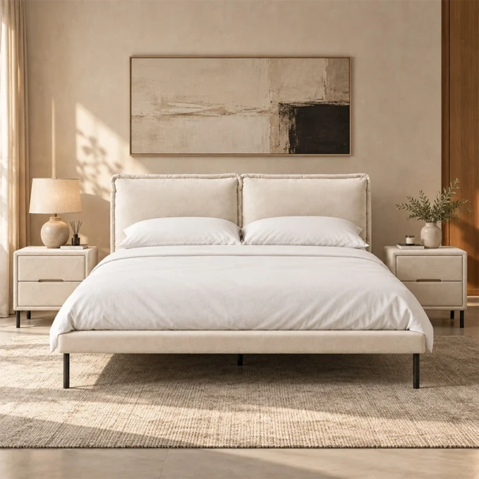 Nolven Softline Upholstered Bed Set in warm ivory fabric with matching bedside tables in a modern bedroom.