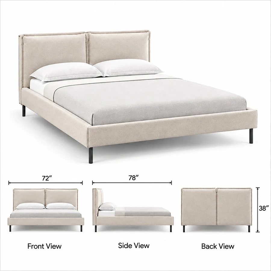 Nolven Softline upholstered Off-White bed king size Nolven Softline Upholstered Bed king size dimensions showing 72-inch width, 78-inch length, and 38-inch height.